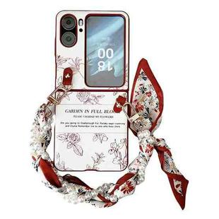 For OPPO Find N2 Flip Sketch Flower Pattern Phone Case with Scarf Bracelet(Rose)