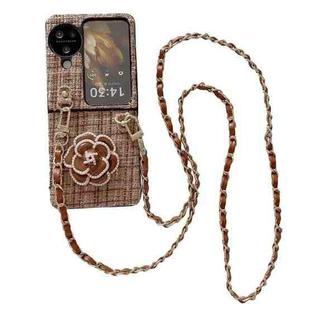 For OPPO Find N3 Flip Camellia Plaid Fabric PC Phone Case with Long Lanyard(Brown)