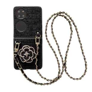 For Huawei P50 Pocket Camellia Plaid Fabric PC Phone Case with Long Lanyard(Black)