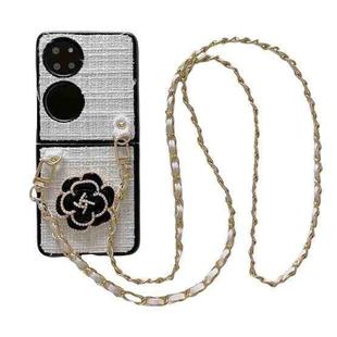 For Huawei P50 Pocket Camellia Plaid Fabric PC Phone Case with Long Lanyard(White)