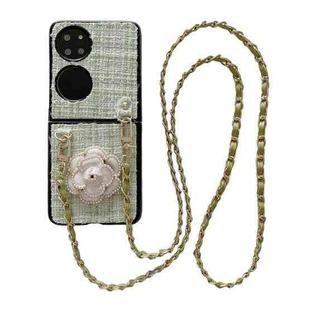 For Huawei P50 Pocket Camellia Plaid Fabric PC Phone Case with Long Lanyard(Green)