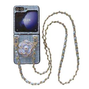 For Samsung Galaxy Z Flip5 Camellia Plaid Fabric PC Phone Case with Long Lanyard(Blue)