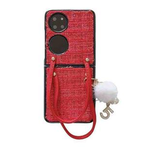 For Huawei P50 Pocket Handbag Design Plush Ball Plaid Fabric PC Phone Case(Red)