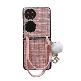 For Huawei P50 Pocket Handbag Design Plush Ball Plaid Fabric PC Phone Case(Pink)