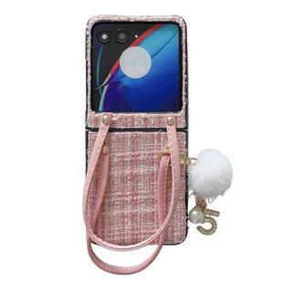 For Motorola Razr 40 Ultra Handbag Design Plush Ball Plaid Fabric PC Phone Case(Pink)