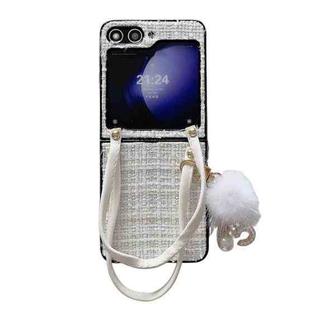 For Samsung Galaxy Z Flip6 Handbag Design Plush Ball Plaid Fabric PC Phone Case(White)