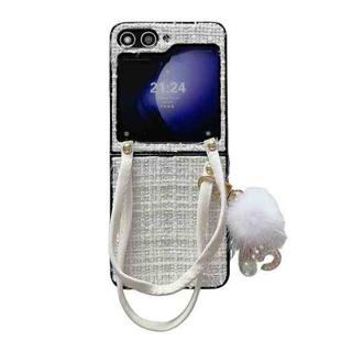 For Samsung Galaxy Z Flip5 Handbag Design Plush Ball Plaid Fabric PC Phone Case(White)