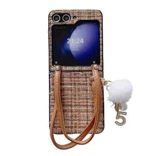 For Samsung Galaxy Z Flip5 Handbag Design Plush Ball Plaid Fabric PC Phone Case(Brown)