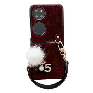 For Huawei P50 Pocket Plush Full Coverage Phone Case with Strap(Wine Red)