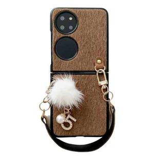 For Huawei P50 Pocket Plush Full Coverage Phone Case with Strap(Brown)