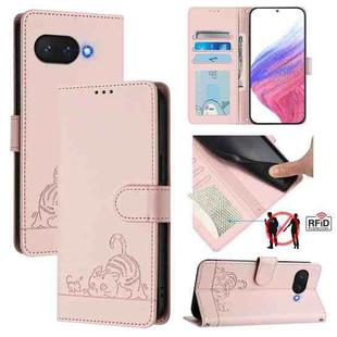 For Google Pixel 9a Cat Rat Embossed Pattern RFID Leather Phone Case with Lanyard(Pink)