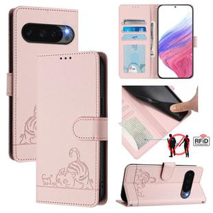 For Google Pixel 10 5G Global Cat Rat Embossed Pattern RFID Leather Phone Case with Lanyard(Pink)