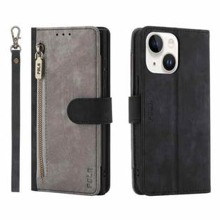 For iPhone 15 Plus POLA Dual-color Zipper Wallet RFID Leather Phone Case(Grey Black)