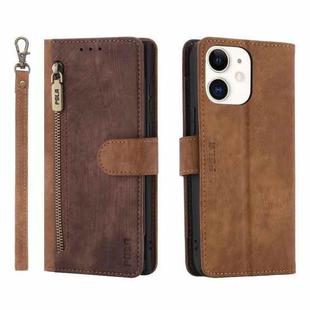 For iPhone 12 / 12 Pro POLA Dual-color Zipper Wallet RFID Leather Phone Case(Burgundy Brown)