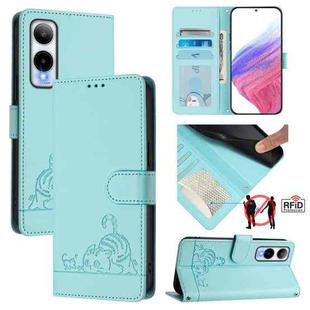 For Cricket Icon 6 Cat Rat Embossed Pattern RFID Leather Phone Case with Lanyard(Mint Green)