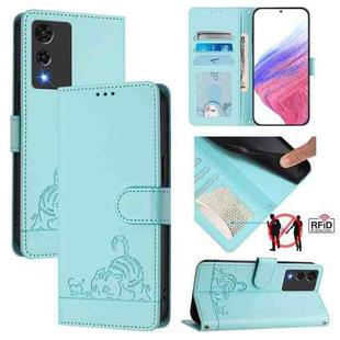 For Cubot A10 Cat Rat Embossed Pattern RFID Leather Phone Case with Lanyard(Mint Green)