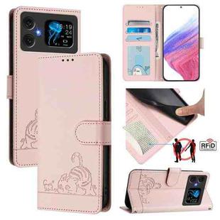 For Cubot A20 Cat Rat Embossed Pattern RFID Leather Phone Case with Lanyard(Pink)