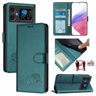 For Cubot A20 Cat Rat Embossed Pattern RFID Leather Phone Case with Lanyard(Peacock Green)