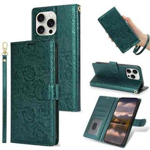 For iPhone 15 Pro Max Peony Flowers Imprint Leather Phone Case(Green)