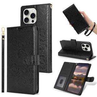 For iPhone 15 Pro Max Peony Flowers Imprint Leather Phone Case(Black)