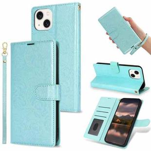 For iPhone 15 Peony Flowers Imprint Leather Phone Case(Sky Blue)