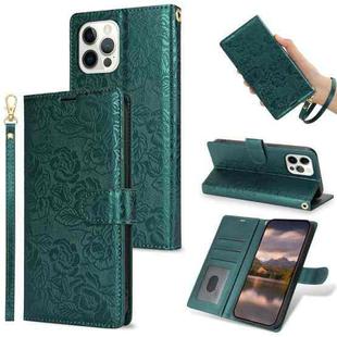 For iPhone 12 / 12 Pro Peony Flowers Imprint Leather Phone Case(Green)