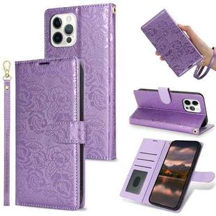 For iPhone 12 / 12 Pro Peony Flowers Imprint Leather Phone Case(Purple)