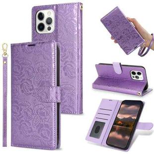 For iPhone 12 Pro Max Peony Flowers Imprint Leather Phone Case(Purple)