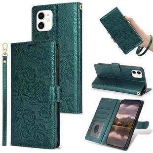 For iPhone 11 Peony Flowers Imprint Leather Phone Case(Green)