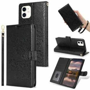 For iPhone 11 Peony Flowers Imprint Leather Phone Case(Black)