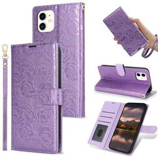 For iPhone 11 Peony Flowers Imprint Leather Phone Case(Purple)