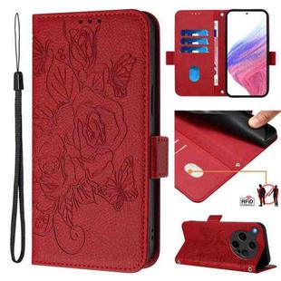 For OPPO Find X8 Ultra 5G Embossed Rose RFID Anti-theft Leather Phone Case(Red)