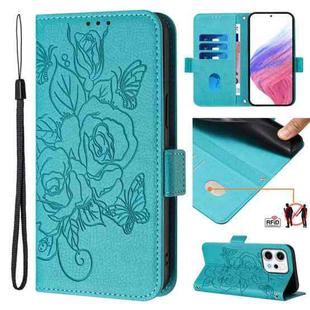 For OPPO Reno14 Pro Global Embossed Rose RFID Anti-theft Leather Phone Case(Light Blue)