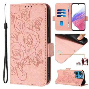 For Motorola Moto G75 Embossed Rose RFID Anti-theft Leather Phone Case(Pink)