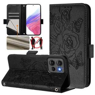 For Motorola Edge 50 5G Global Embossed Rose RFID Anti-theft Leather Phone Case(Black)