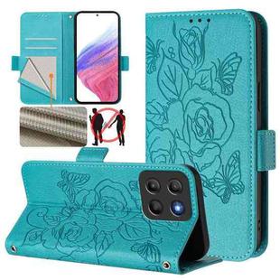 For Motorola Moto G15 Embossed Rose RFID Anti-theft Leather Phone Case(Light Blue)