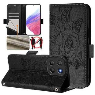 For Motorola Moto G15 Embossed Rose RFID Anti-theft Leather Phone Case(Black)