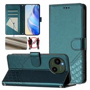 For Sharp Aquos R9 Honeycomb Embossing RFID Leather Phone Case(Peacock Green)