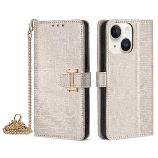 For iPhone 15 Plus POLA Crossbody Chain I-Shape Buckle Sequins Leather Phone Case(White)