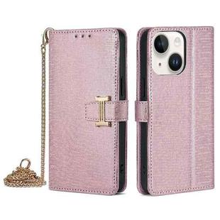 For iPhone 15 POLA Crossbody Chain I-Shape Buckle Sequins Leather Phone Case(Rose Gold)