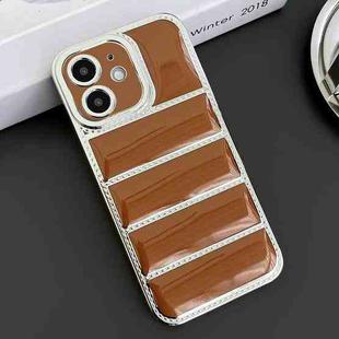 For iPhone 12 Electroplated Silver Edge Eiderdown TPU Phone Case(Brown)