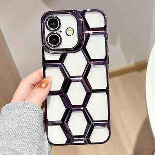 For iPhone 16 Plus Electroplating Laser Engraving 3D Honeycomb Clear TPU Phone Case(Purple)