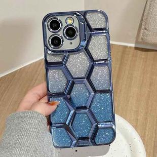 For iPhone 11 Pro Electroplating Laser Engraving 3D Honeycomb Glitter TPU Phone Case(Blue)