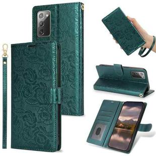 For Samsung Galaxy Note20 Peony Flowers Imprint Leather Phone Case(Green)