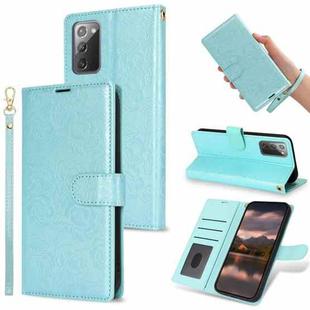 For Samsung Galaxy Note20 Peony Flowers Imprint Leather Phone Case(Sky Blue)