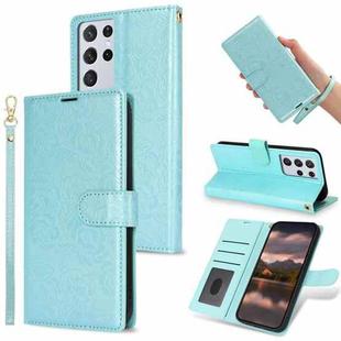 For Samsung Galaxy S21 Ultra  5G Peony Flowers Imprint Leather Phone Case(Sky Blue)