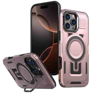 For iPhone 16 Pro Max Shield Hollow Frame Holder MagSafe Phone Case(Rose Gold)