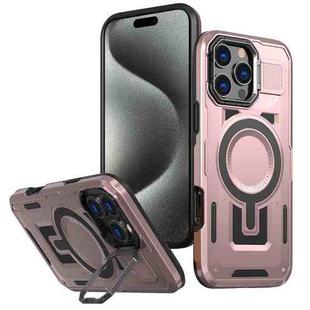 For iPhone 15 Pro Shield Hollow Frame Holder MagSafe Phone Case(Rose Gold)