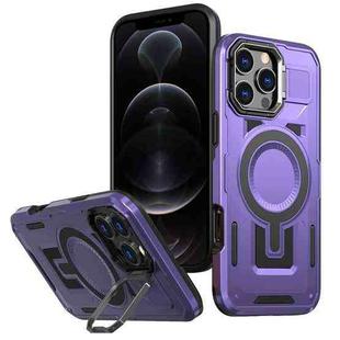 For iPhone 12 / 12 Pro Shield Hollow Frame Holder MagSafe Phone Case(Purple)