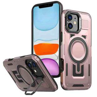 For iPhone 11 Shield Hollow Frame Holder MagSafe Phone Case(Rose Gold)